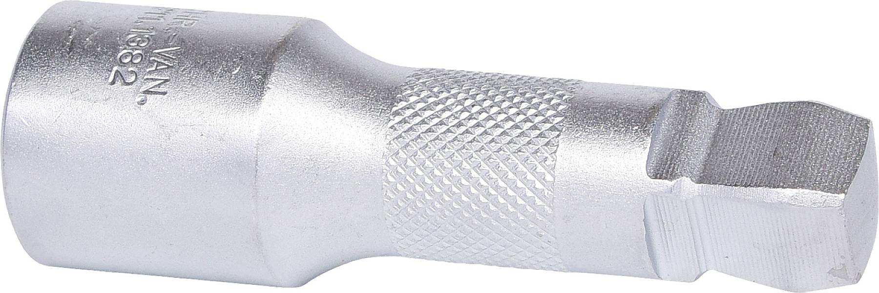 Silver metal tool with a knurled handle and rectangular end, possibly for work on solid surfaces or machine components.