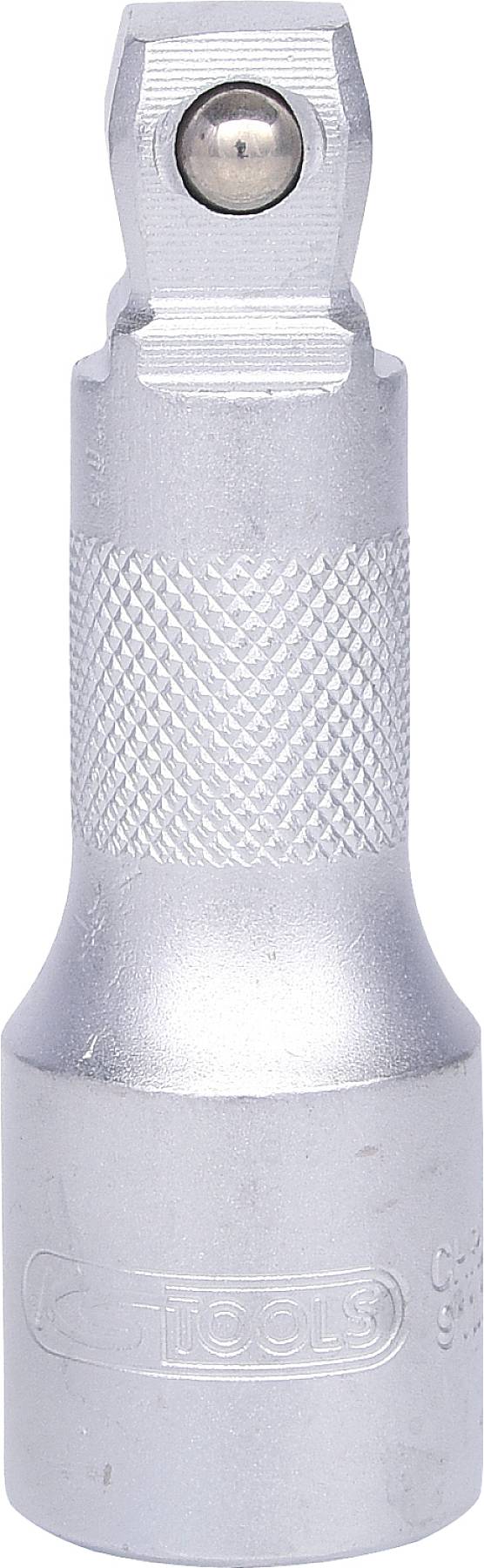 Metal socket key adapter with knurling for better grip and ball joint at one end, for use with ratchet tools.