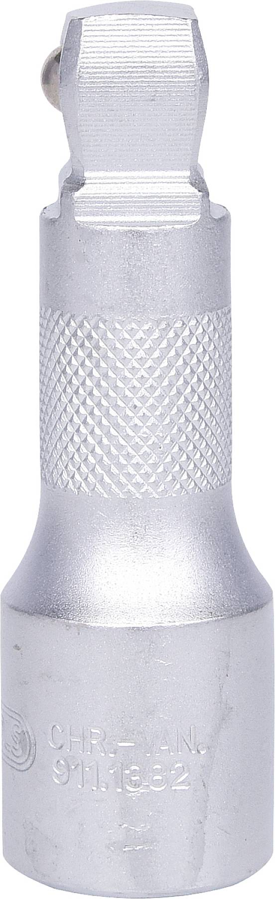 A silver socket key adapter with a knurled surface and embossed labelling. Used for connecting sockets.