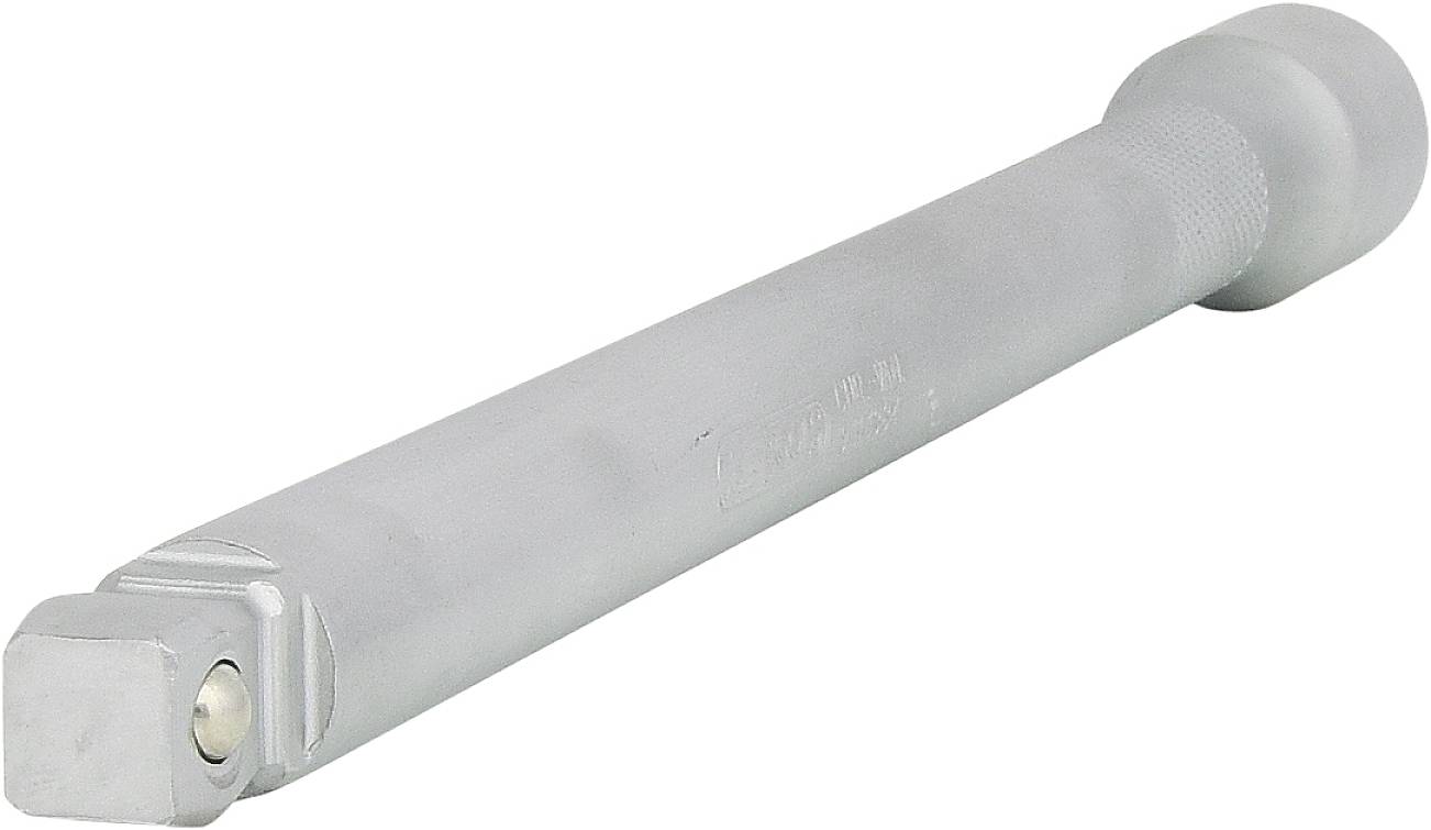 A lengthened lever arm for a torque wrench made of metal, in silver, with a knurled grip and square drive.