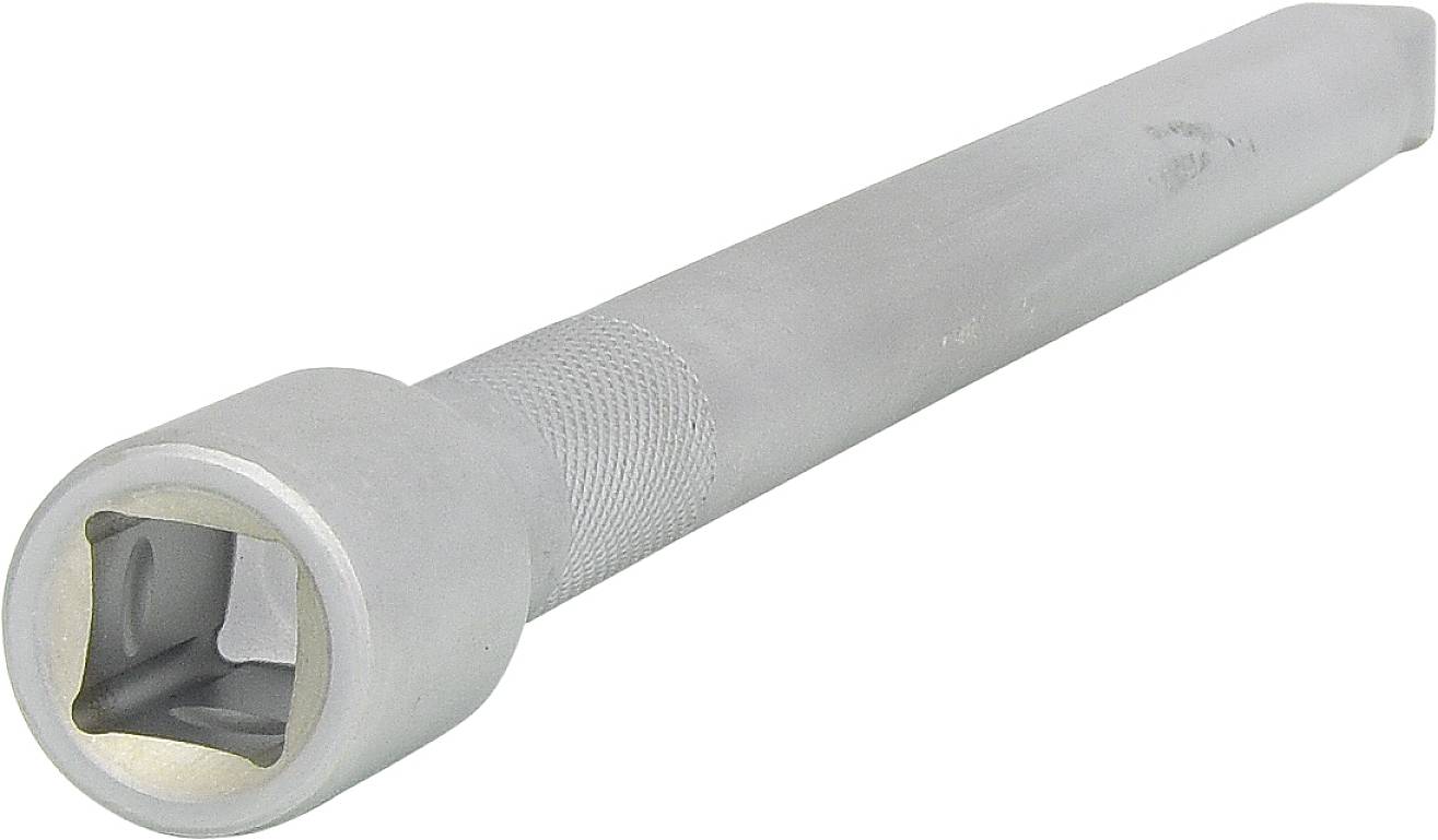 A silver-coloured square-headed key with a long, cylindrical handle and a square opening at the end.