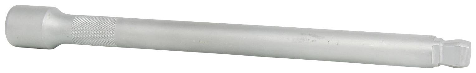 A silver extension bar for a socket wrench with a knurled surface for improved grip and a hexagonal drive.