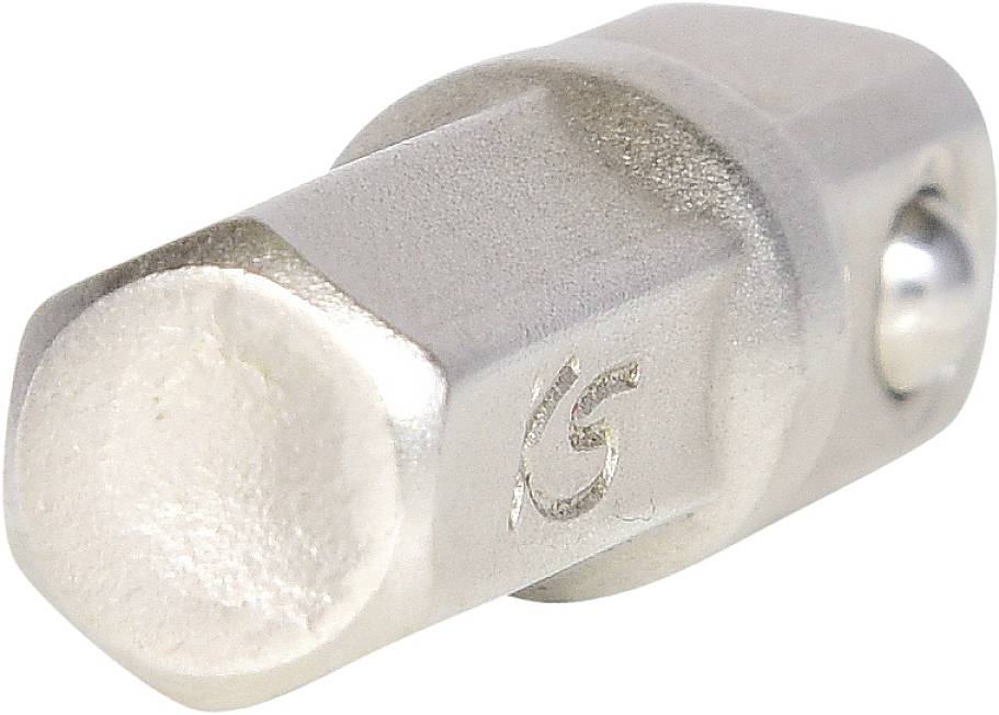 A silver adapter, cylindrical in shape, made of metal with a square end piece and a small hole on its side.