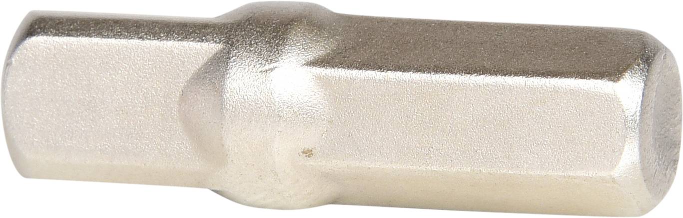Metallic socket adapter with a hexagonal shape and rounded edges. Used for adapting different socket wrench sizes.
