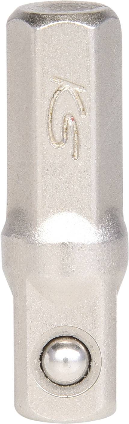 Metal plug nut adapters, silver-coloured, with a shiny surface, hexagonal shape, ball-bearing end piece at the bottom.