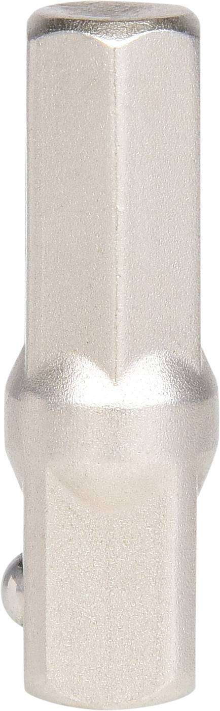 Metallic adapter with a hexagonal profile, used for connecting tools or devices.