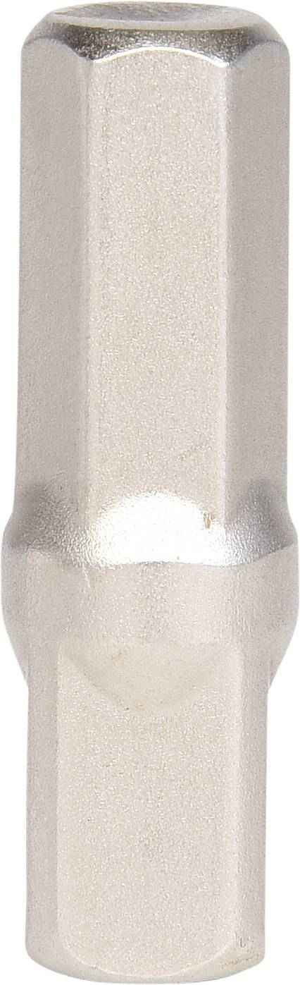 Metal adapter with a hexagonal cross-section, silver-shiny, uniformly shaped, shows no visible markings or logos.