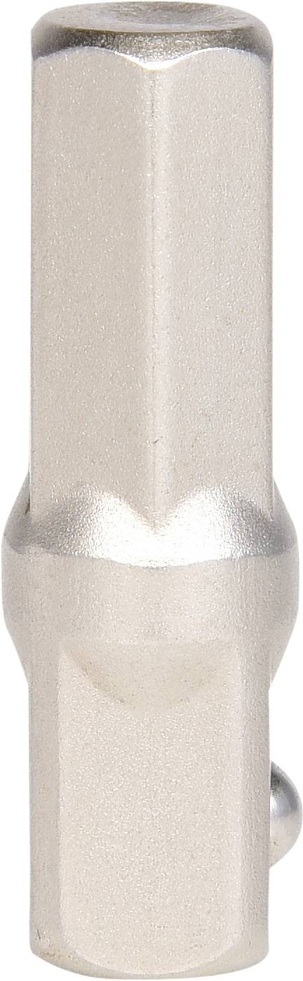 Metallic connector with a hexagonal shape, presumably intended for mechanical or technical applications.