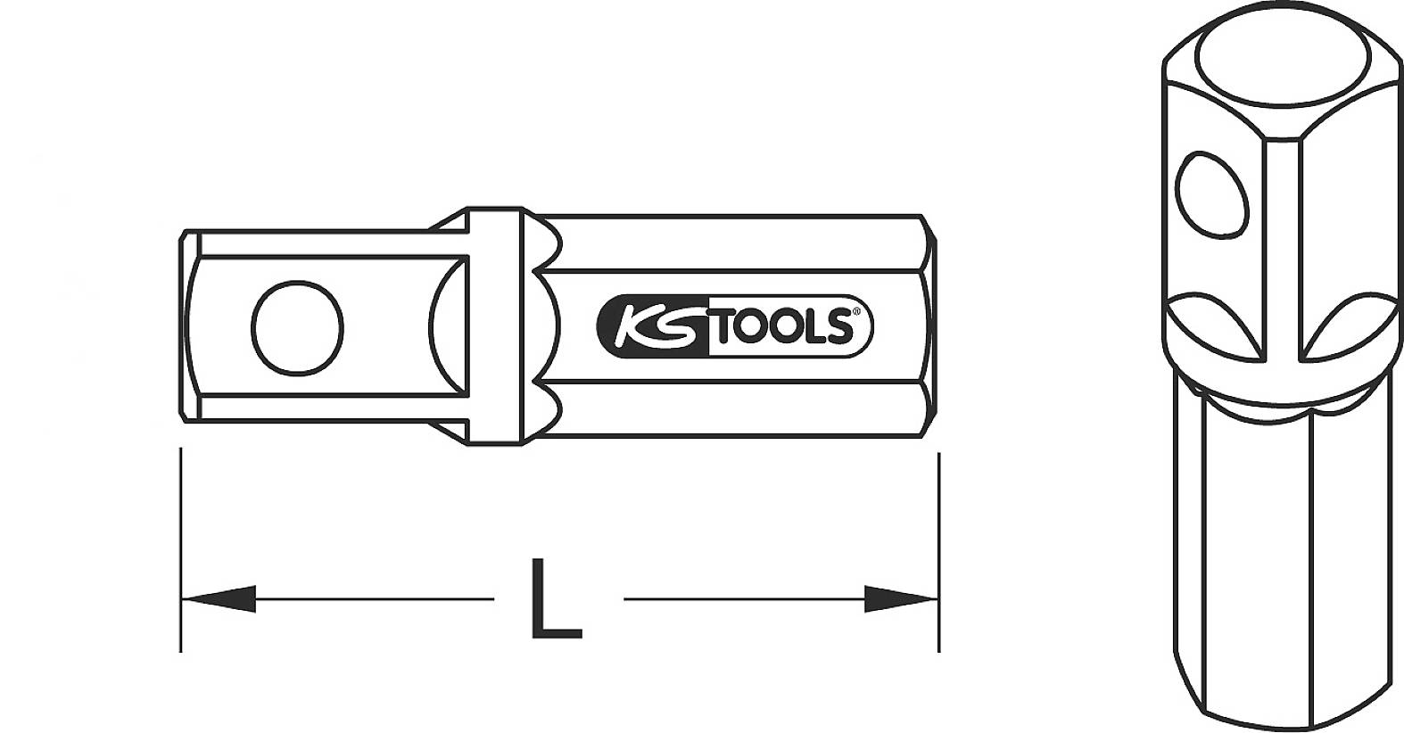 'Technical drawing of a tool with 'KS Tools' logo. Shows two views: a side view and a vertical view. Length marked with 'L'.'