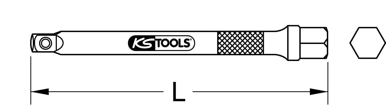 'Hexagonal extension bar with KG Tools logo, showing length L and hexagonal end, screwdriver accessory.'