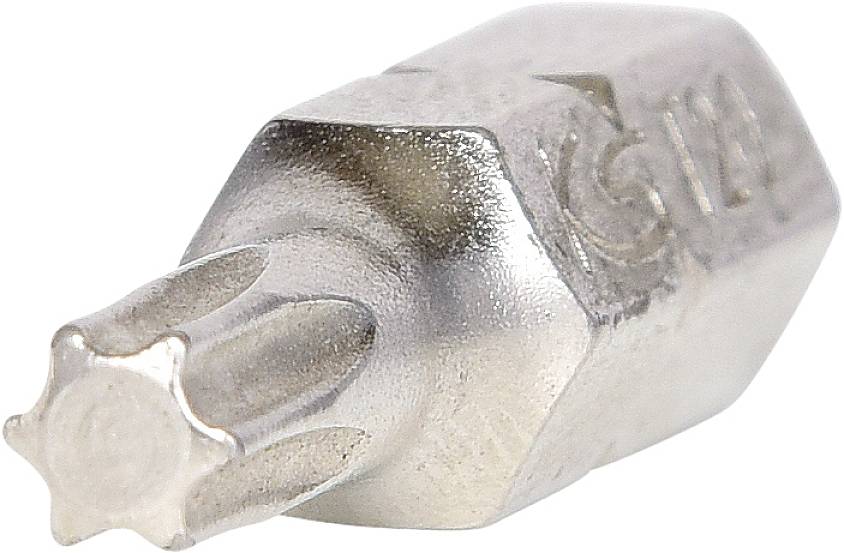 A silver, star-shaped Torx bit made of steel.
