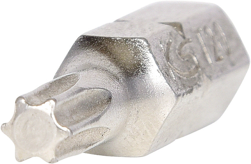 A silver, star-shaped Torx bit made of steel.