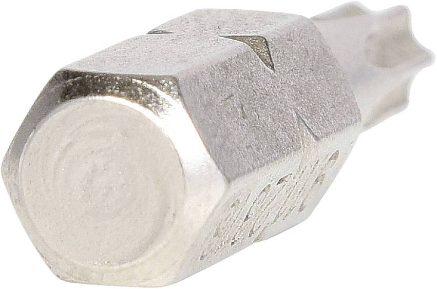 A silver screw cap with a hexagonal base and a star-shaped head, used for specific types of screws.