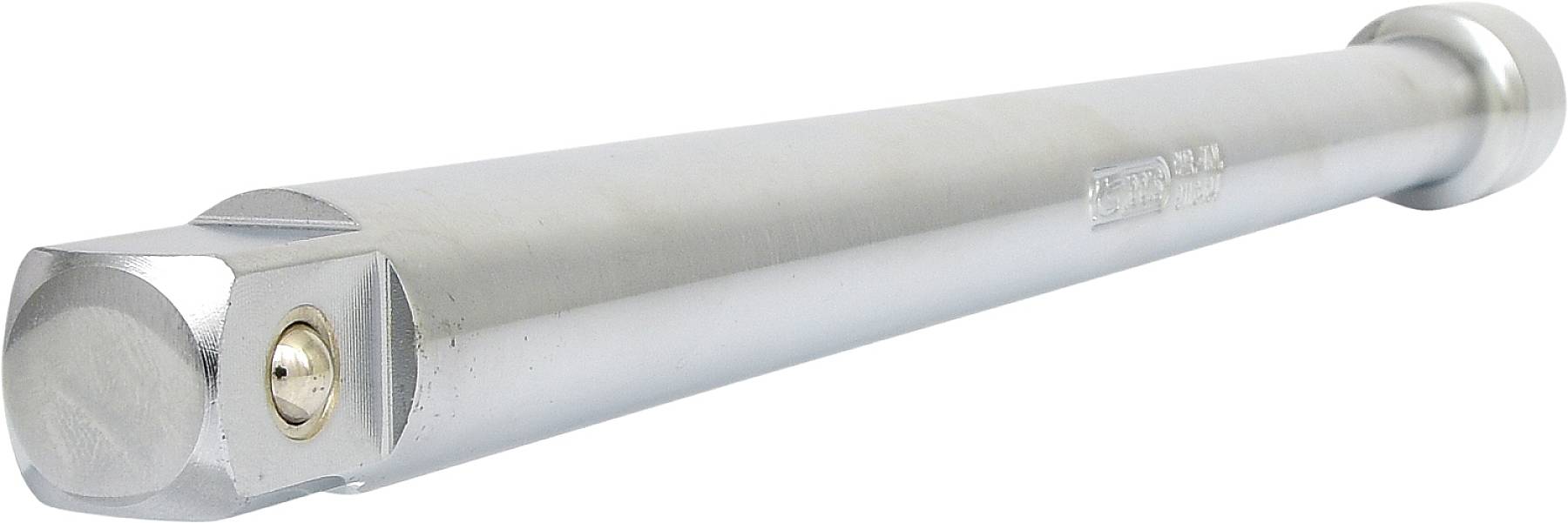 A silver metal rod held as a turning tool.