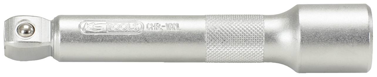 Metallic extension for socket wrench, cylindrical in shape with a knurled handle, featuring a ball-and-socket locking mechanism on the side.