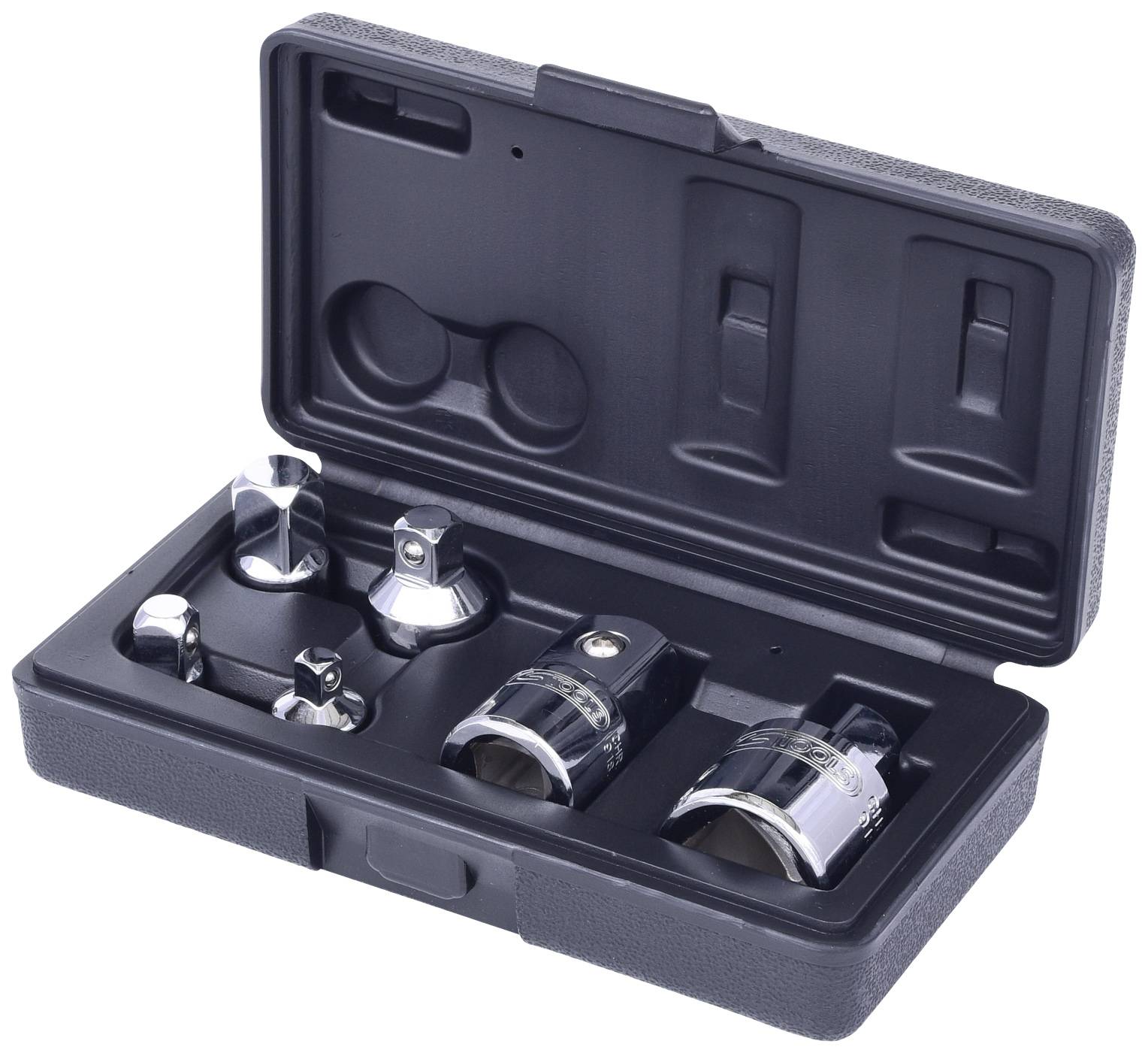 An open toolbox with several socket wrench inserts and an adaptor, all shiny and metallic, seated in moulded holders.