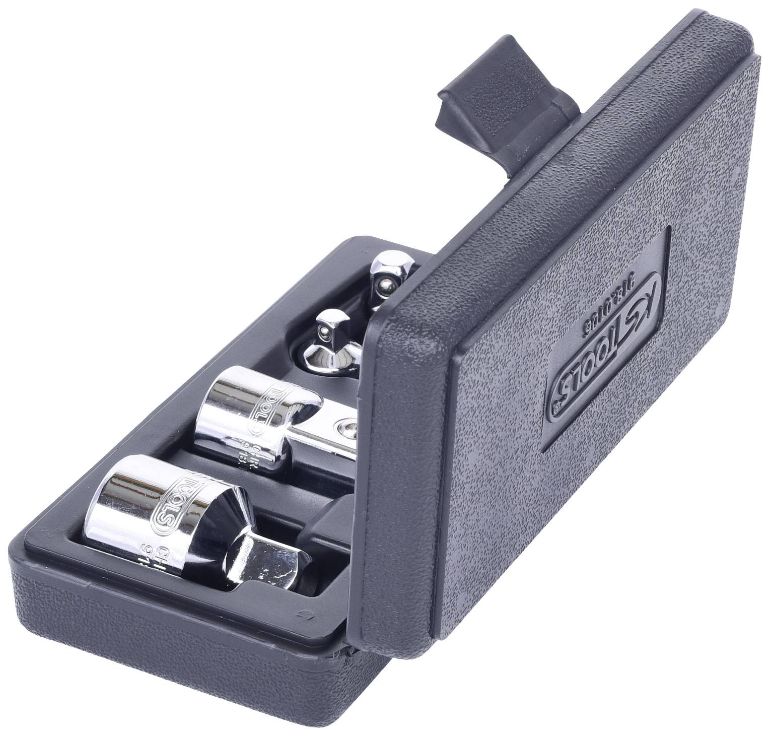 Black case with open lid, showing three silver fastening nuts and accessories, tool set for screw applications.