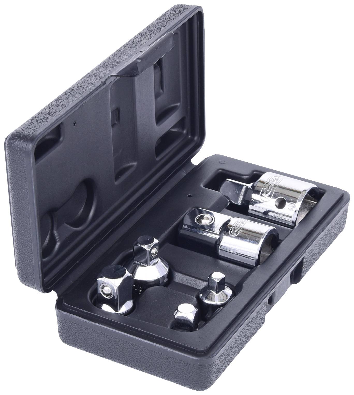 A black plastic case containing a collection of various nuts and bolts in different sizes and shapes inside.