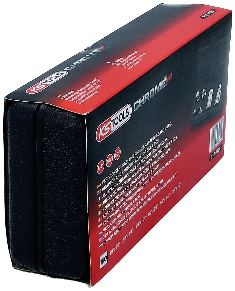 Black tool bag with a red label from 'KS Tools'. Contains information about contents and size specifications. Packaging in the background.