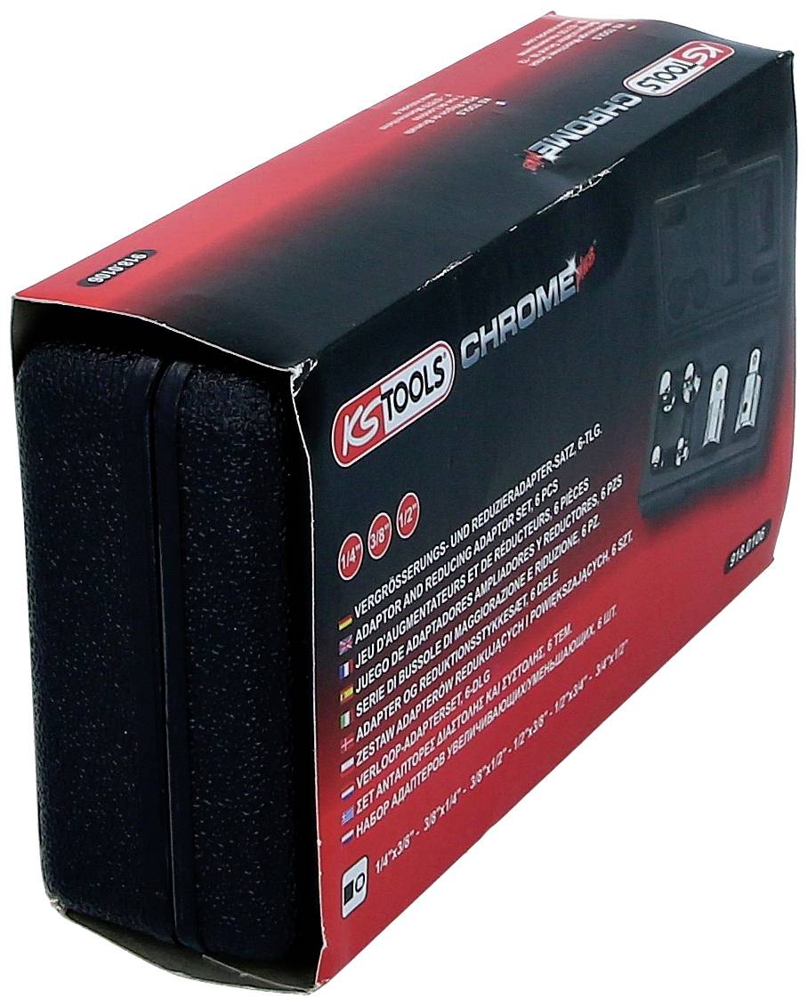 'KS Tools Chrome Adapter Set', red packaging with black case. Suitable for adapters from 1/4'', 3/8'', 1/2''.
