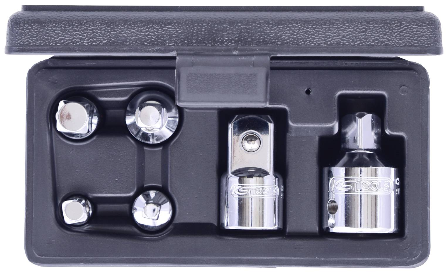 'Spanner set in a black box, comprising multiple chrome-finish sockets and an adapter.'