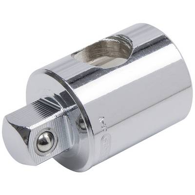 Metallic socket insert with a square drive and circular body, with a polished finish. Used for socket systems.
