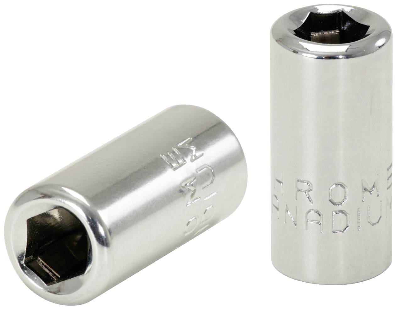 Two gleaming hexagonal socket nuts made of chrome-vanadium steel. The left one is slightly tilted, while the right one stands upright.