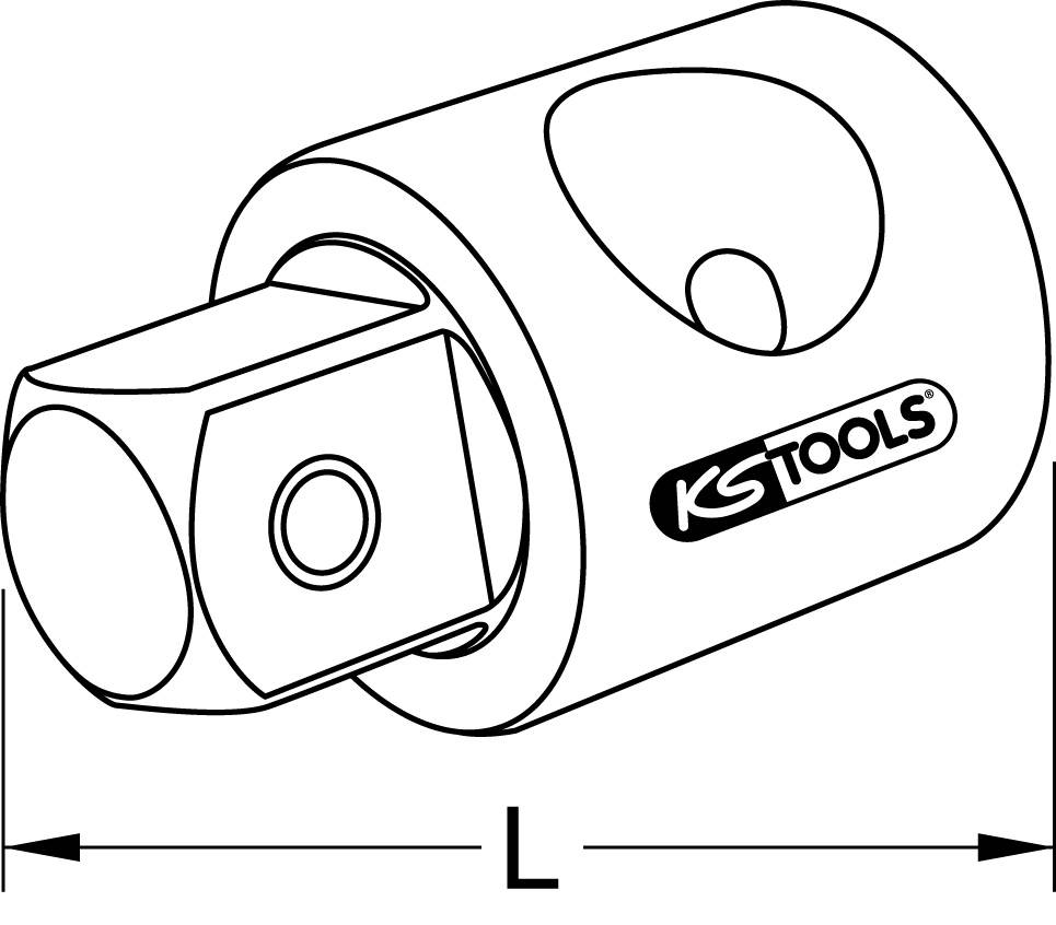 Drawing of a tool adapter with a hexagonal opening and 'KS TOOLS' logo on the side. Arrow indicates length (L).