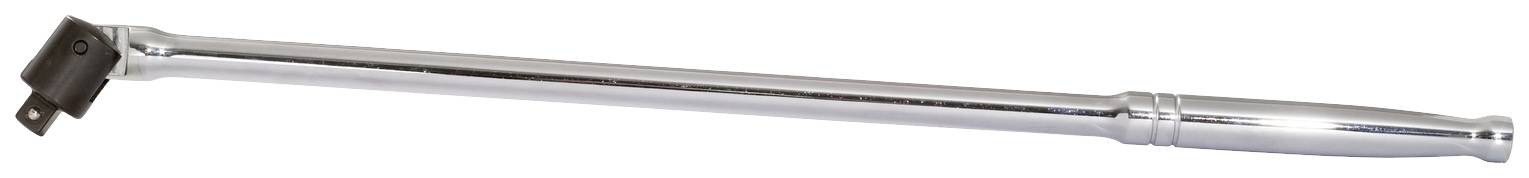 A silver-coloured, elongated torque wrench with a handle at one end and a square drive for sockets at the other end.