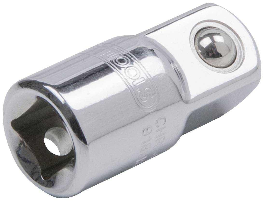 Metallic socket key adapter with a shiny surface and a ball mechanism at one end; suitable for tools.