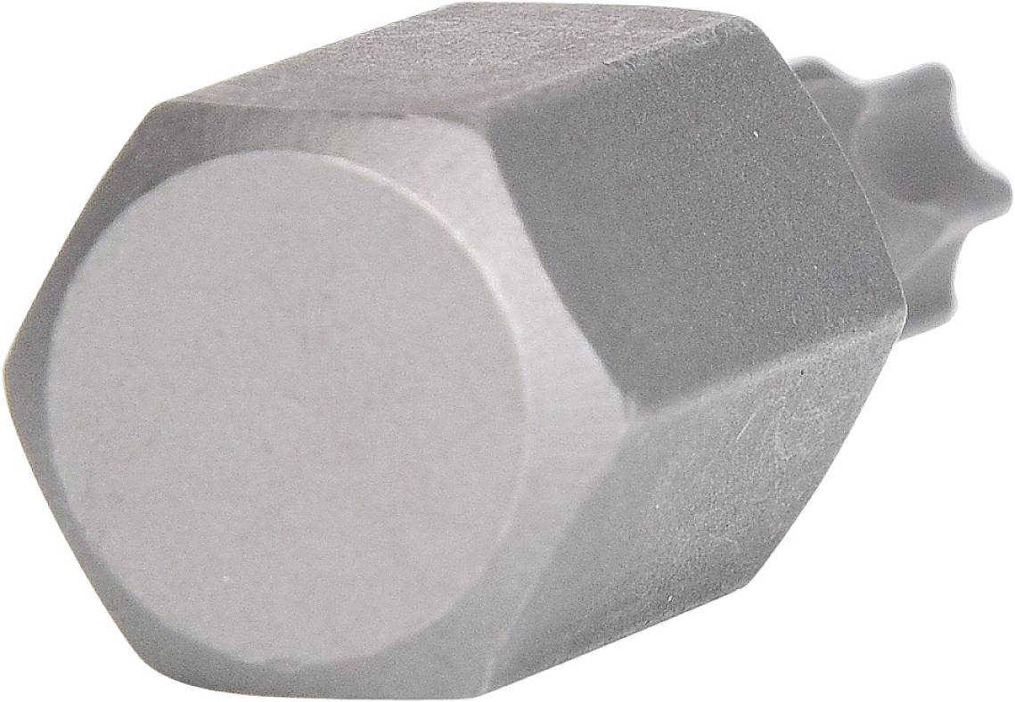 Hexagonal metal bit with a star-shaped end, used for screw work on specialist screws.