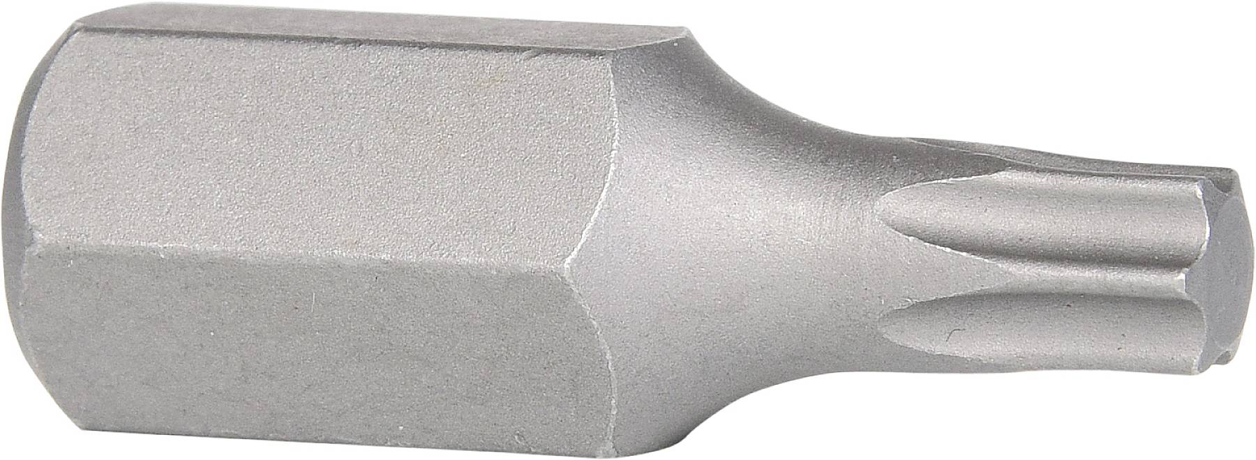 A metallic Torx bit for screwdrivers, cylindrical with a star-shaped head, used for tightening or loosening screws.