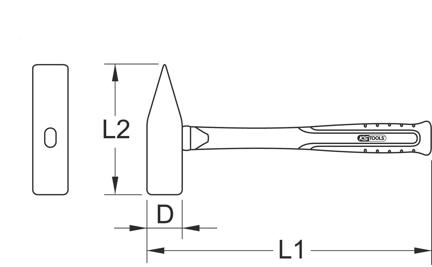 Technical drawing of a hammer with markings for dimensions: handle length (L1), head (L2), and diameter (D).