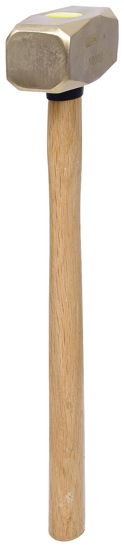 A wooden hammer with a metallic head, standing upright. Suitable for craftwork or repairs.