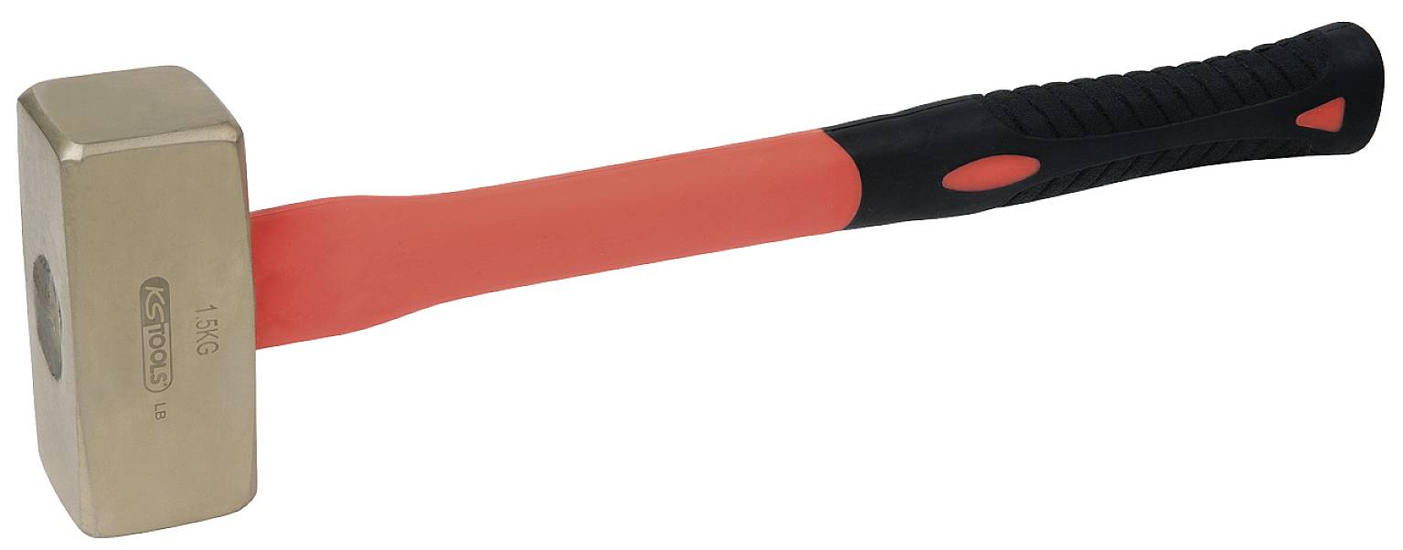 A sledgehammer with an orange and black handle and a metal head. Used for striking hard surfaces or materials.