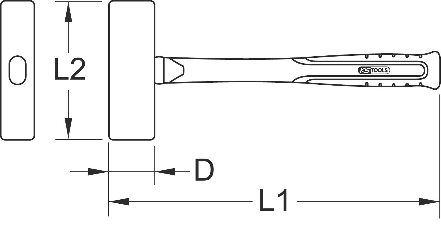 'Technical drawing of a rubber mallet with dimensional specifications. L1 and L2 indicate the length of the handle and head, D the diameter.'