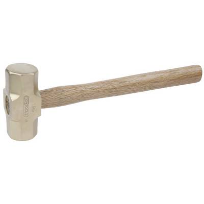 A hammer with a gold-coloured metal head and a wooden handle. Suitable for heavy-duty work and precise strikes.