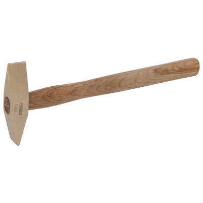 A hammer with a wooden handle and a metal head lies on a light-coloured surface.