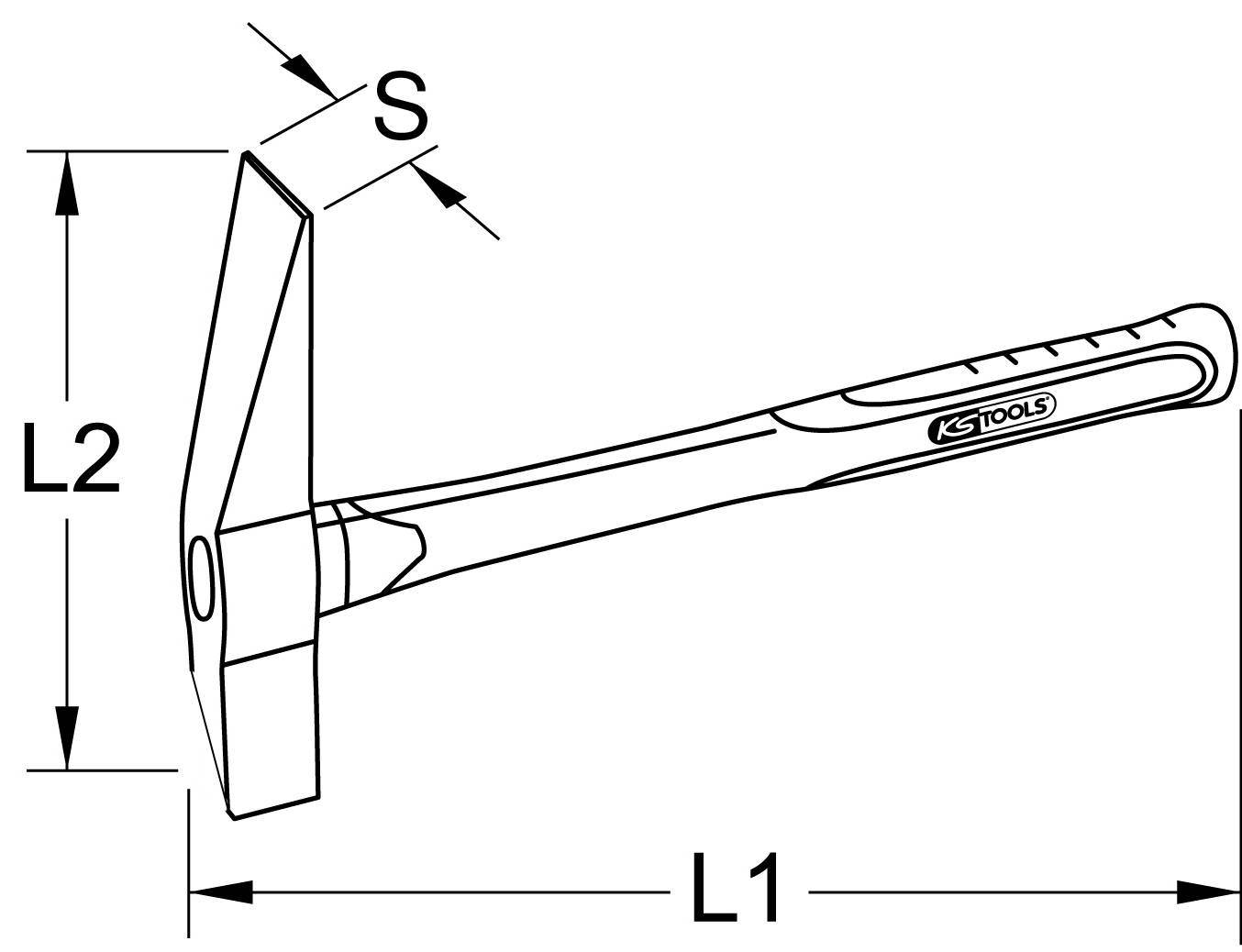 Figure of a hammer with dimensions L1, L2 and S. The hammer has an ergonomic design and the brand 'KS Tools' is visible on the handle.