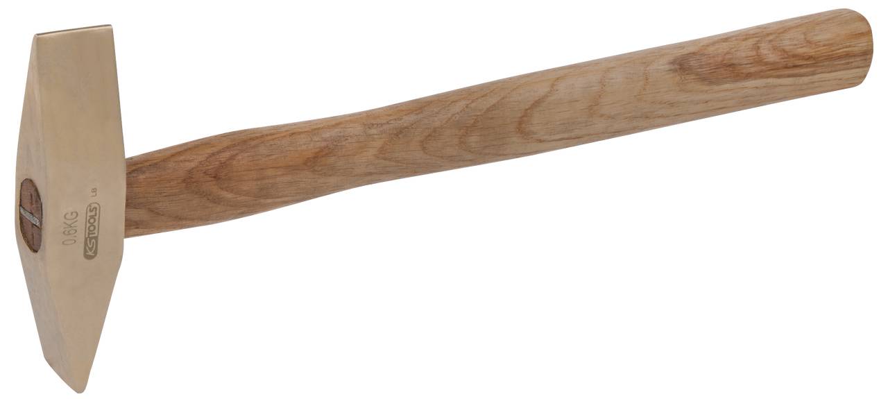 A wooden hammer with a light wooden handle and a rectangular metal head that is slightly angled.
