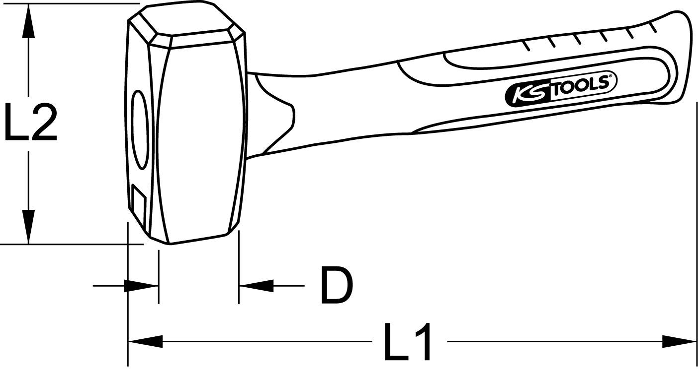 Figure of a hammer with dimensions shown to the side: Head height (L2), Head width (D), Overall length (L1).