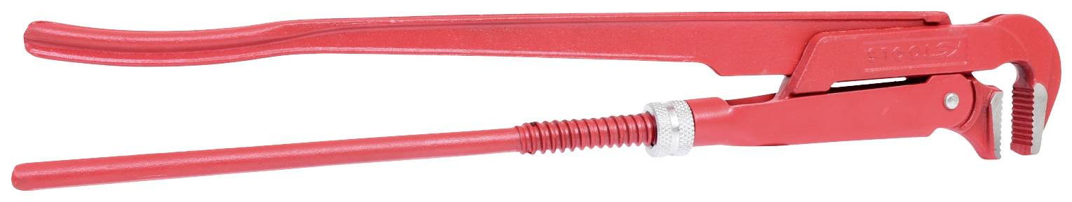 Red pipe wrench with large handle, suitable for work on pipes and installations.