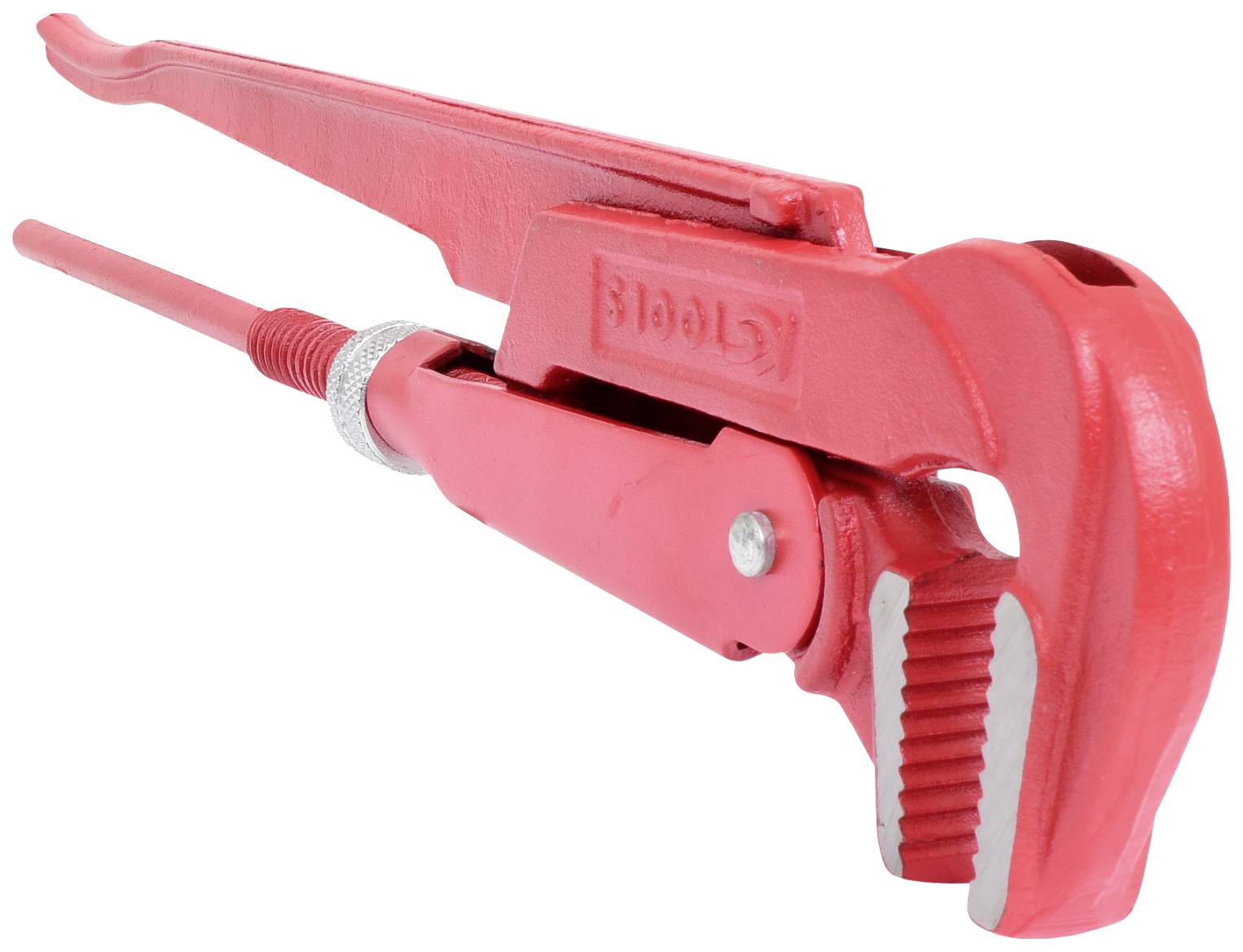 A large, red metal pipe wrench with an adjustable handle and gear mechanism, primarily used for tightening pipes.