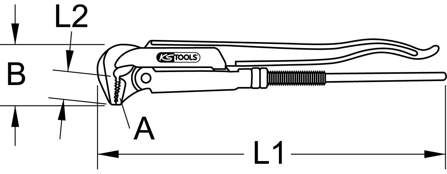 Drawing of a pipe wrench with dimension labels A, B, L1, and L2 to illustrate the tool's measurements and functionality.