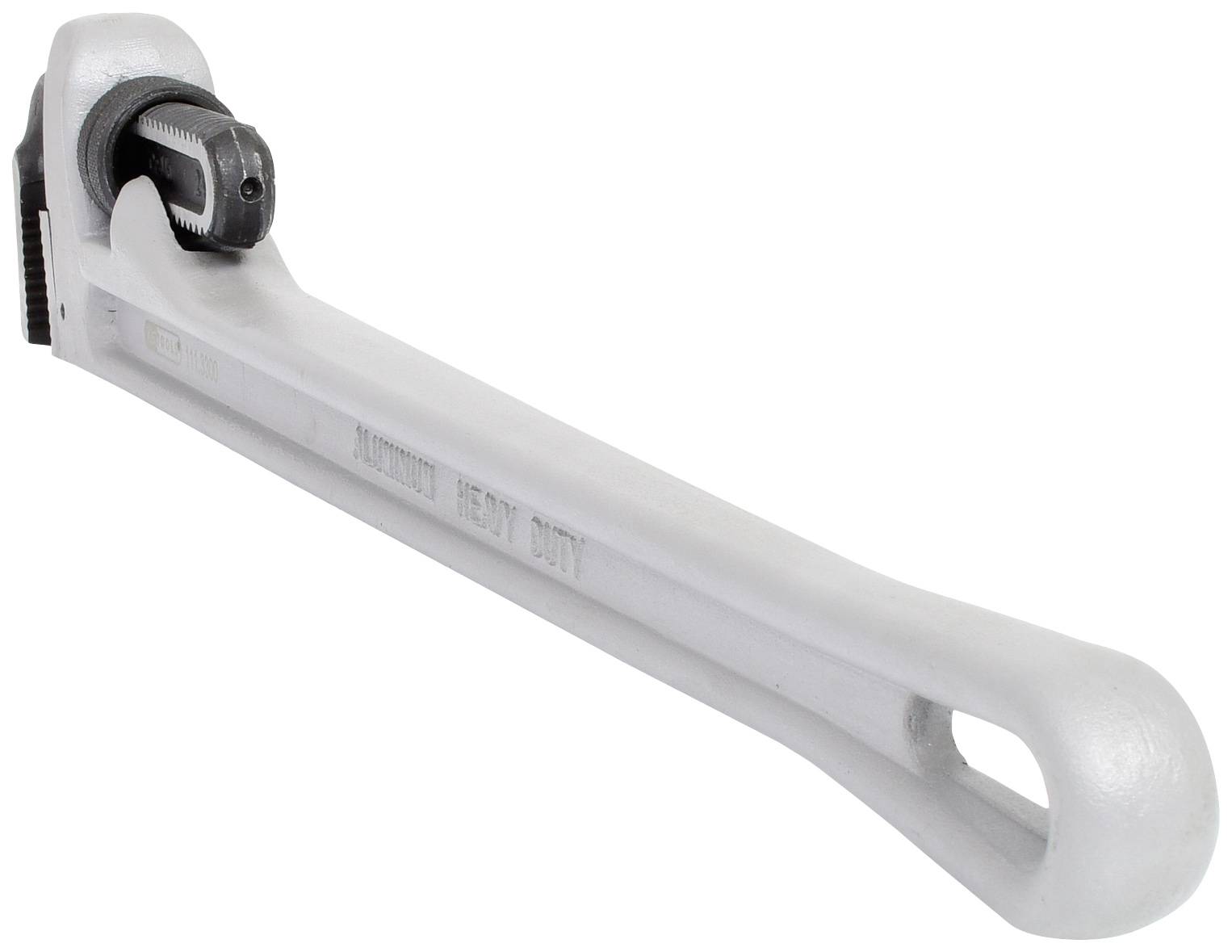 A large, silver adjustable spanner lies on a white surface. It has a robust handle and an adjustable jaw.