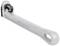 A large, silver adjustable spanner lies on a white surface. It has a robust handle and an adjustable jaw.