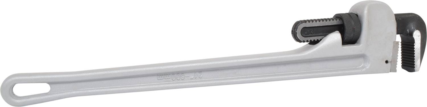 An adjustable pipe wrench with a long handle, suitable for tightening and loosening pipes and other round objects.