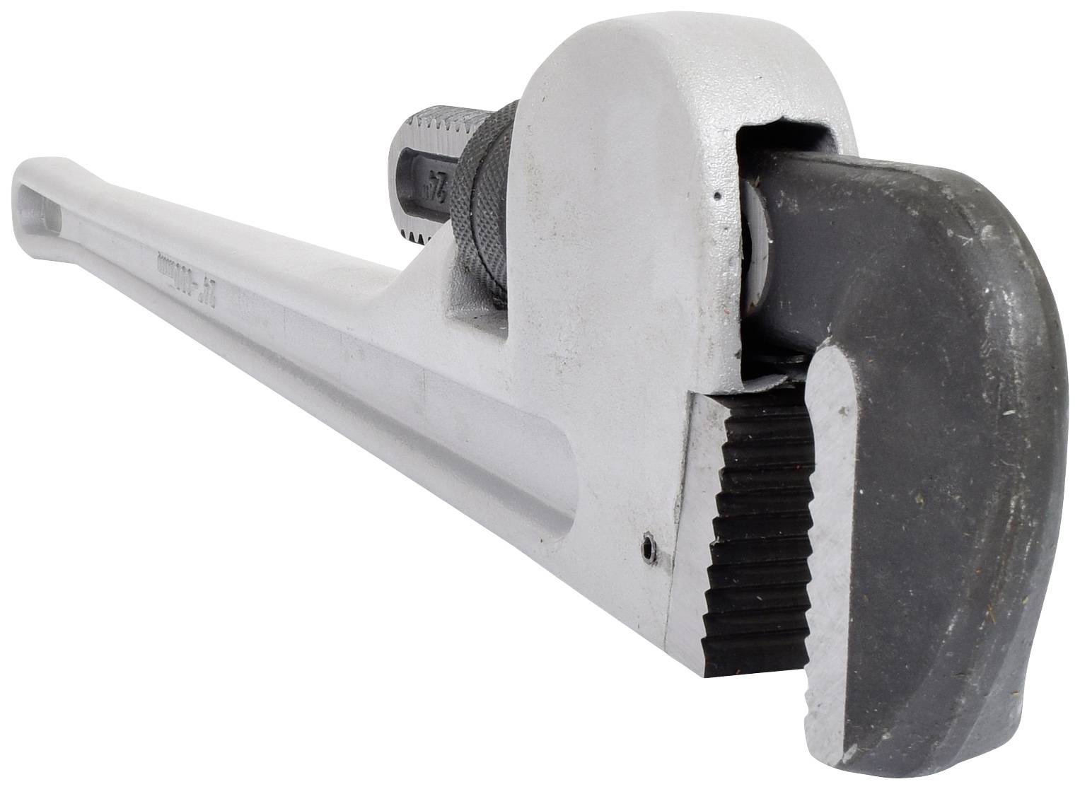 Silver-coloured pipe wrench with serrated jaws, for gripping and loosening pipes and fittings.