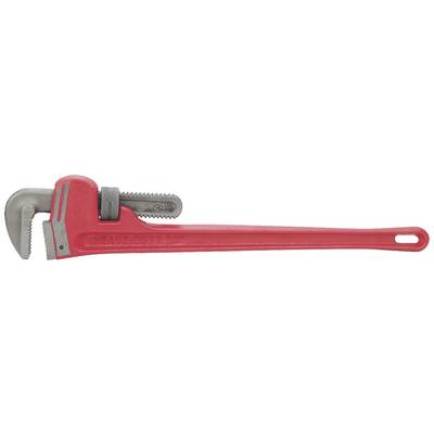 A red pipe wrench with metal jaws, commonly used for tightening and loosening pipes in plumbing and construction work.