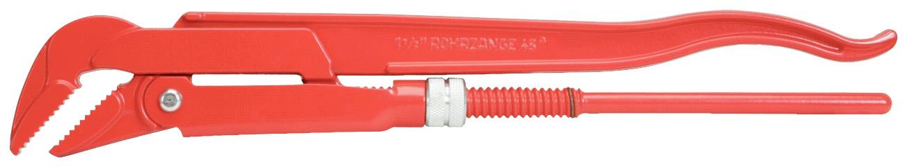 Red pipe wrench with a long handle and toothed jaw, often used for gripping and turning pipes during installation work.